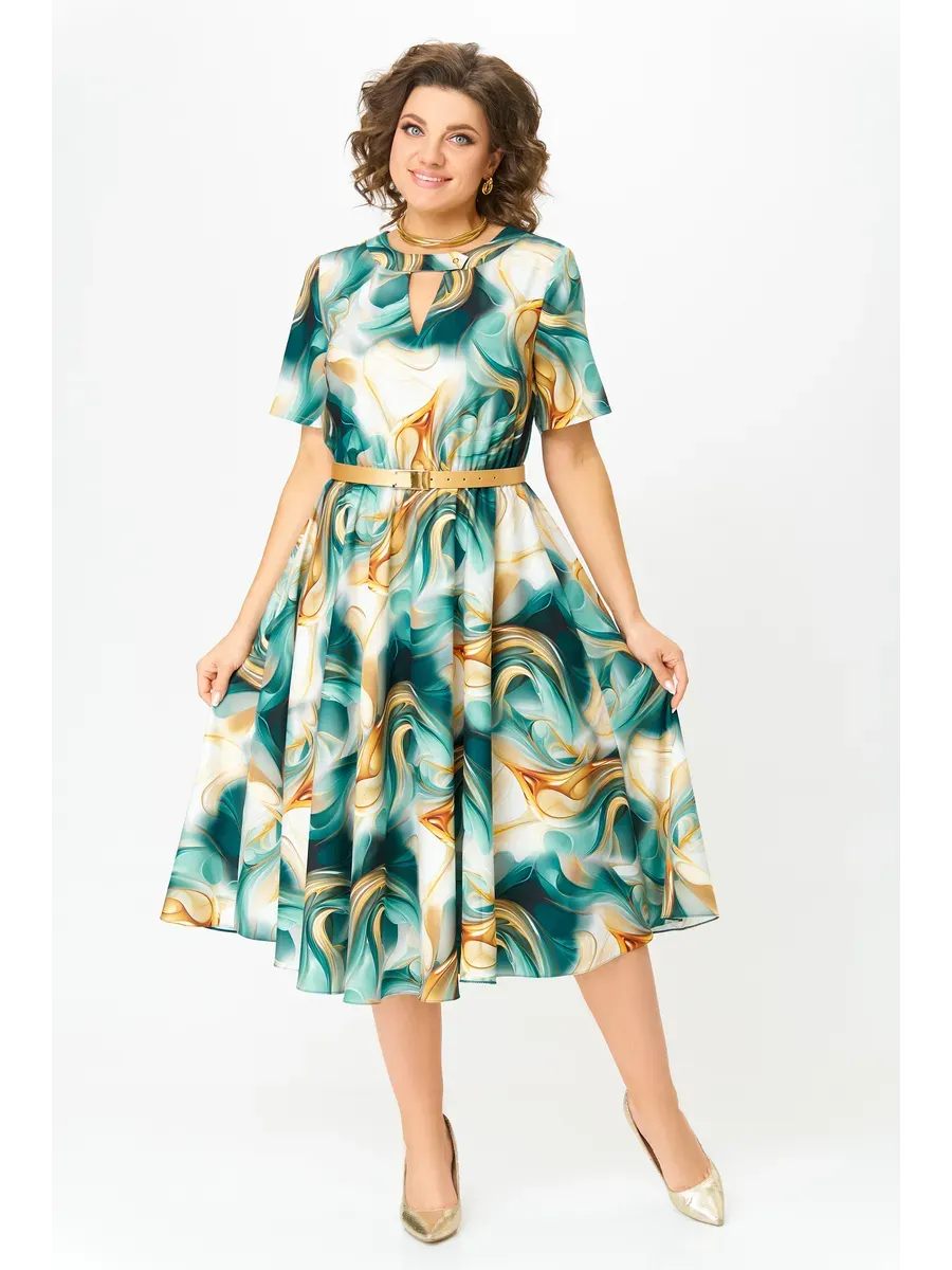 Dark Green Keyhole Neck Short Sleeve Marble Print Belted A-Line Midi Dress 3