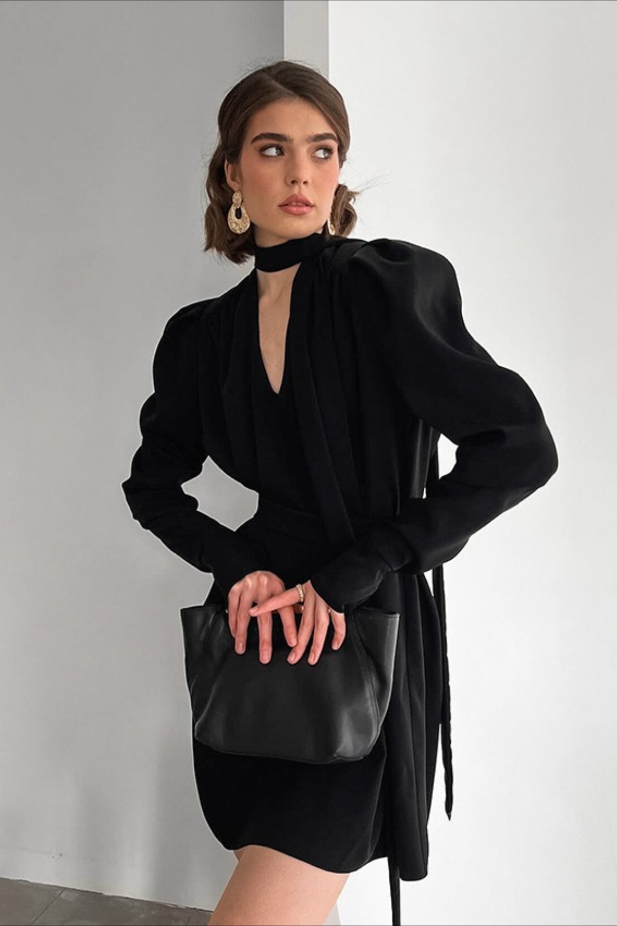 Black V-Neck Puff Sleeve Mini Dress
