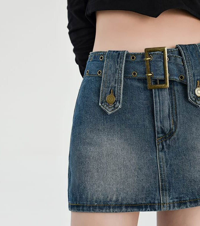 Buckled Denim Mini Skirt