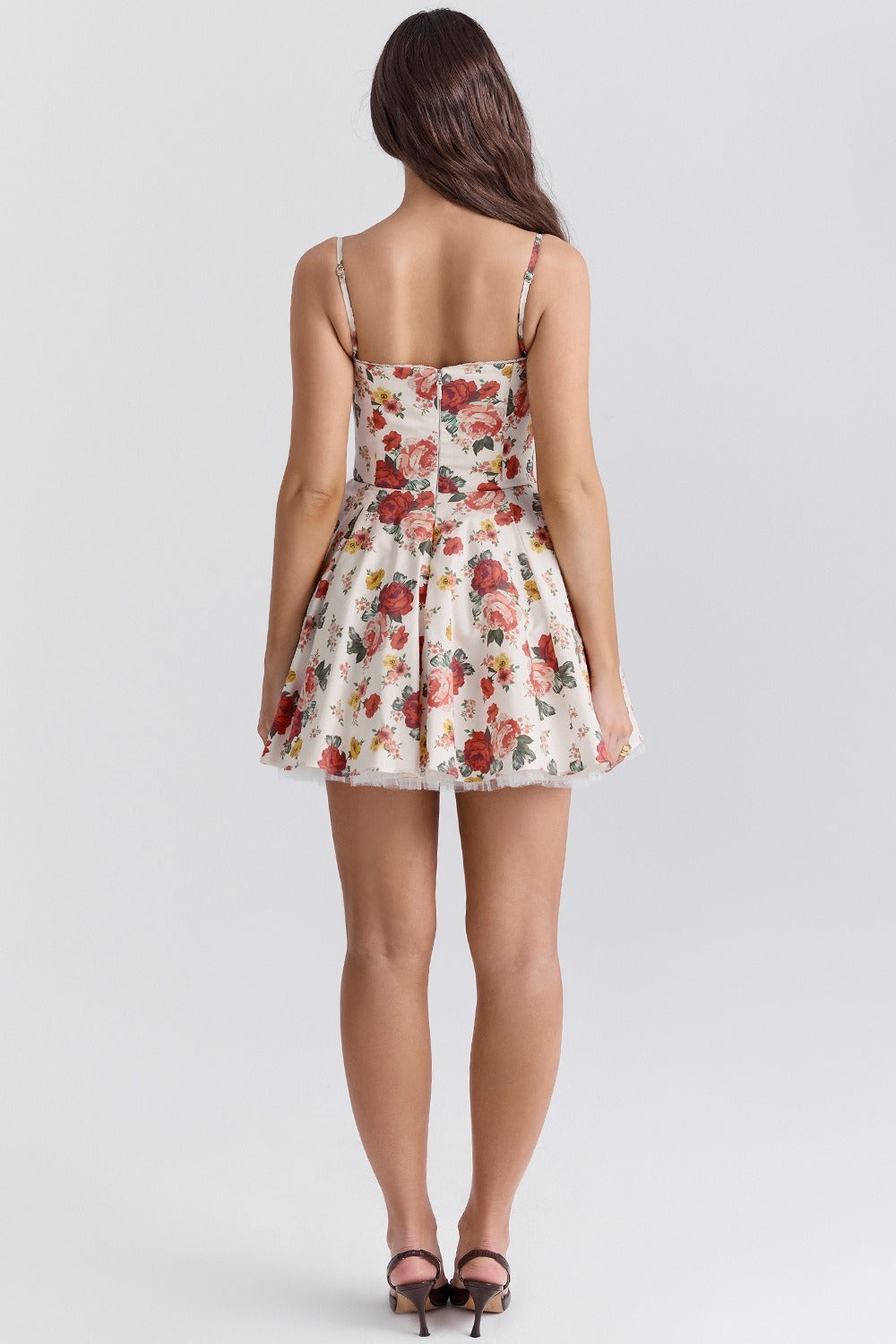 Red Sweetheart Neck Lace Trim Bustier Tulle Underskirt Floral Print Mini Dress 3