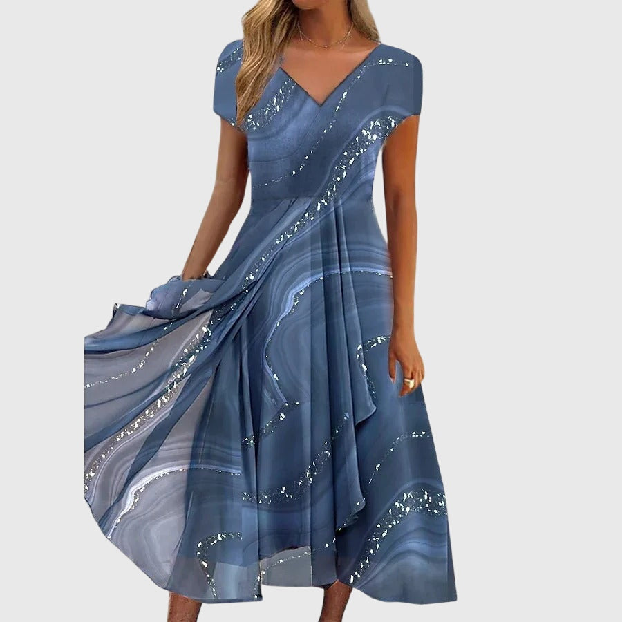 V-Neck Cap Sleeve Marble Print Draped Flowy A-Line Midi Dress