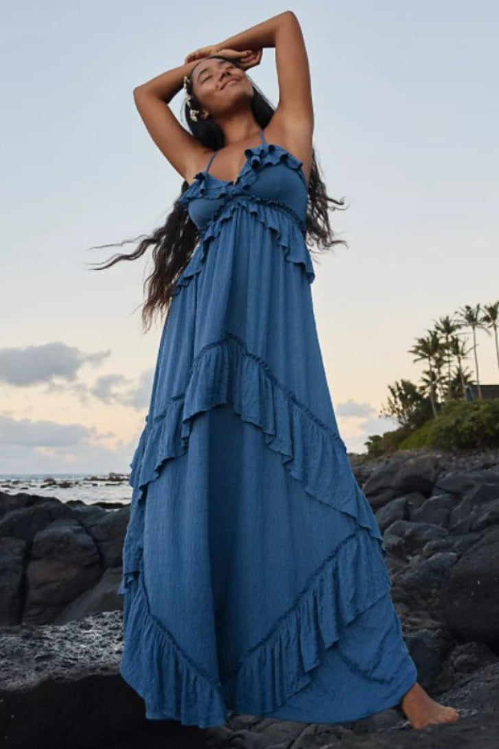 Halter Back Tie Tiered Ruffle Maxi Skirt Two Piece Set 15