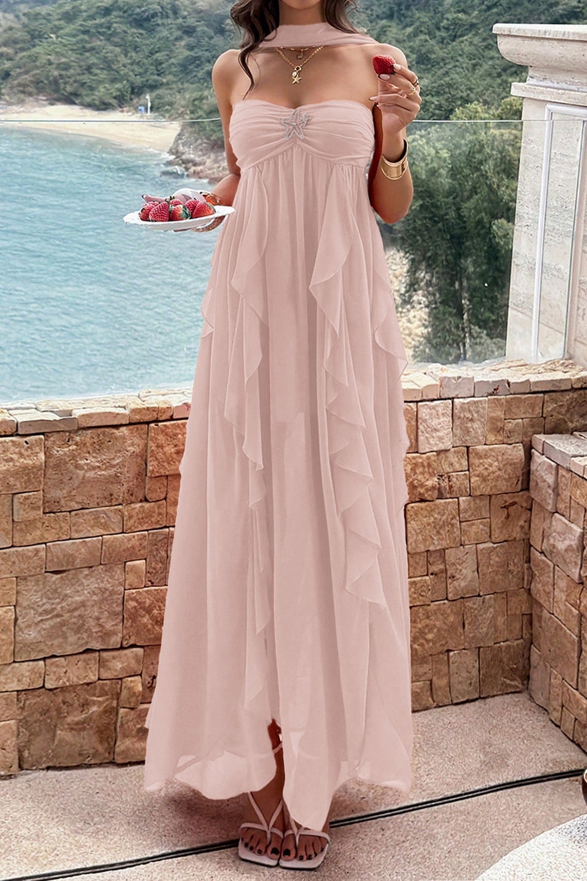 Strapless Starfish Detail Tiered Ruffle Chiffon Maxi Dress 7