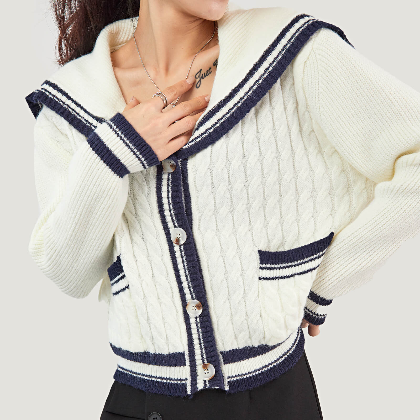 Ivory Sailor Collar Striped Trim Ribbed Cardigan