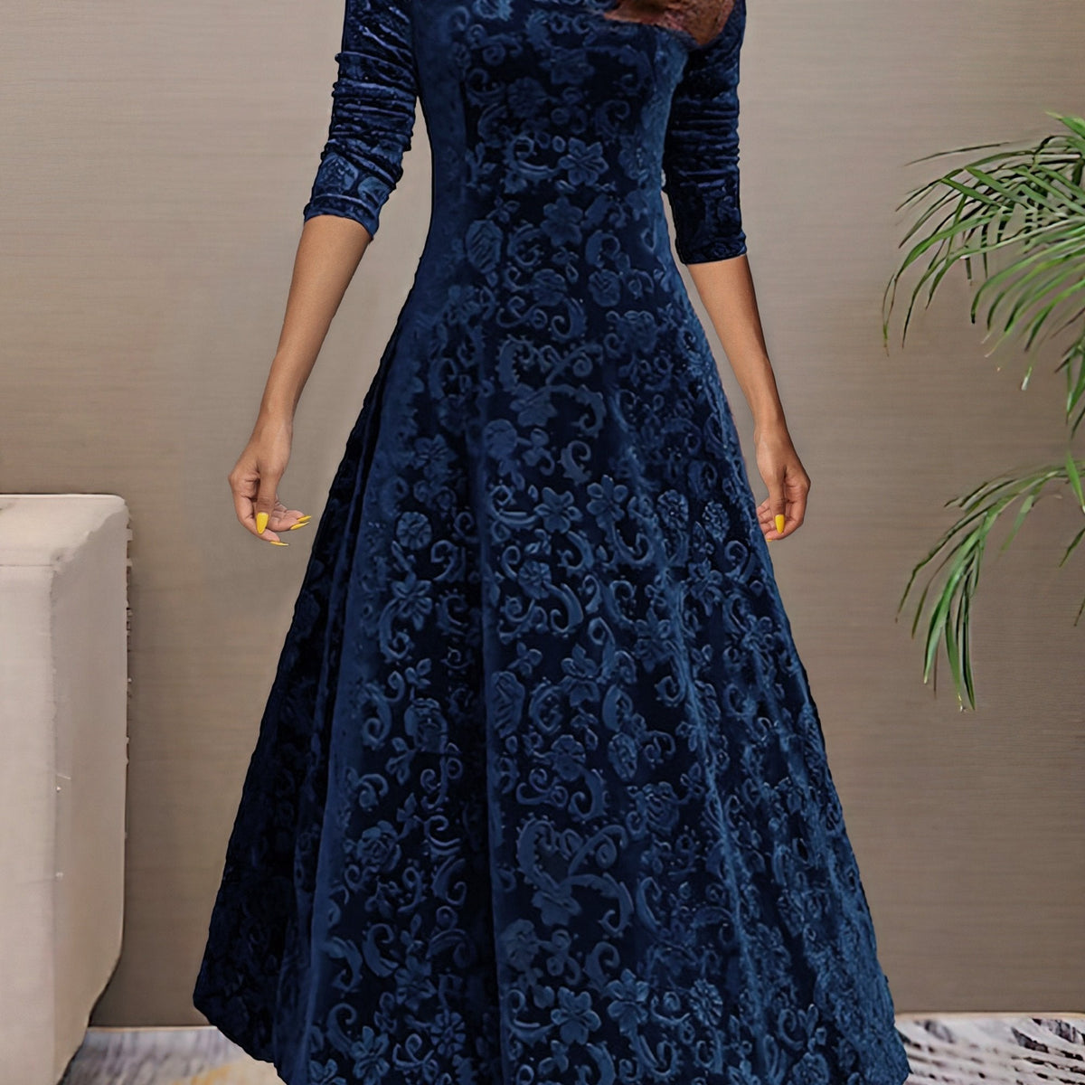 V-Neck Floral Burnout Velvet Long Sleeve A-Line Maxi Dress 9