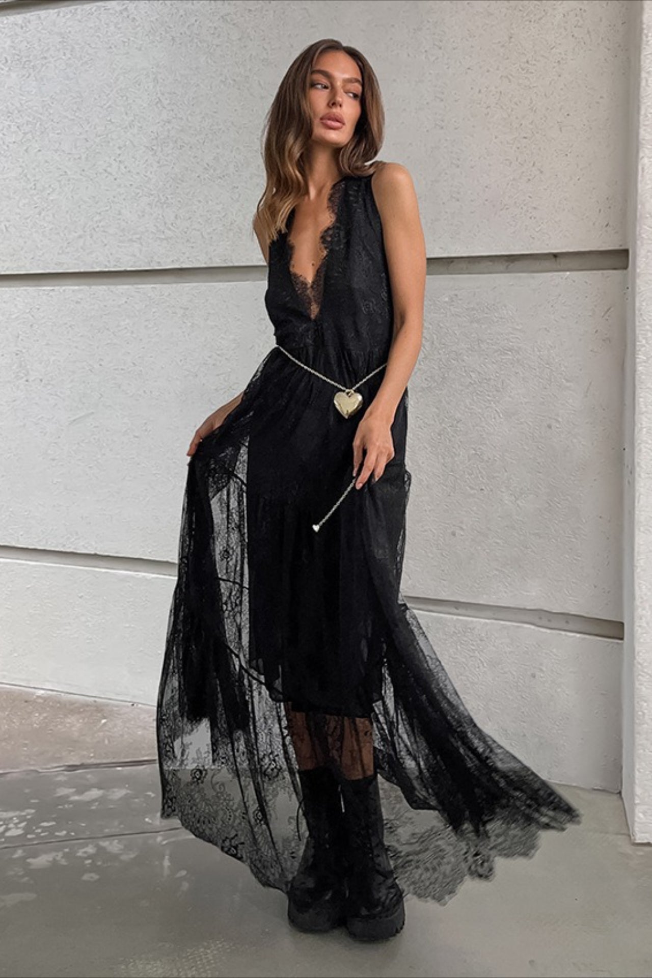 Lace V-Neck Open Back Maxi Dress
