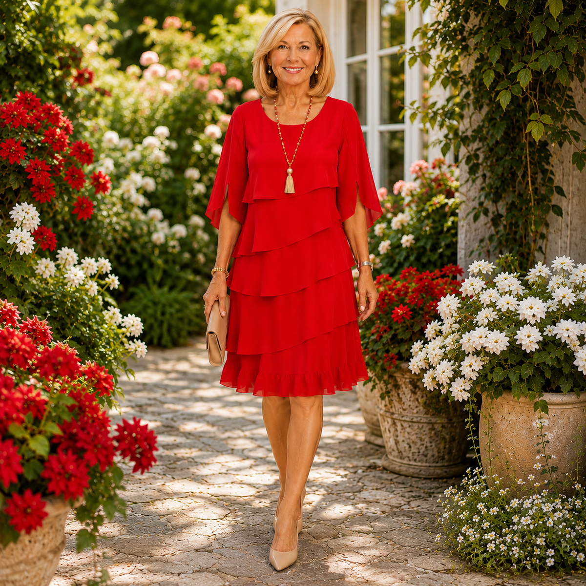 Round Neck Flutter Sleeve Tiered Ruffle Chiffon Midi Dress