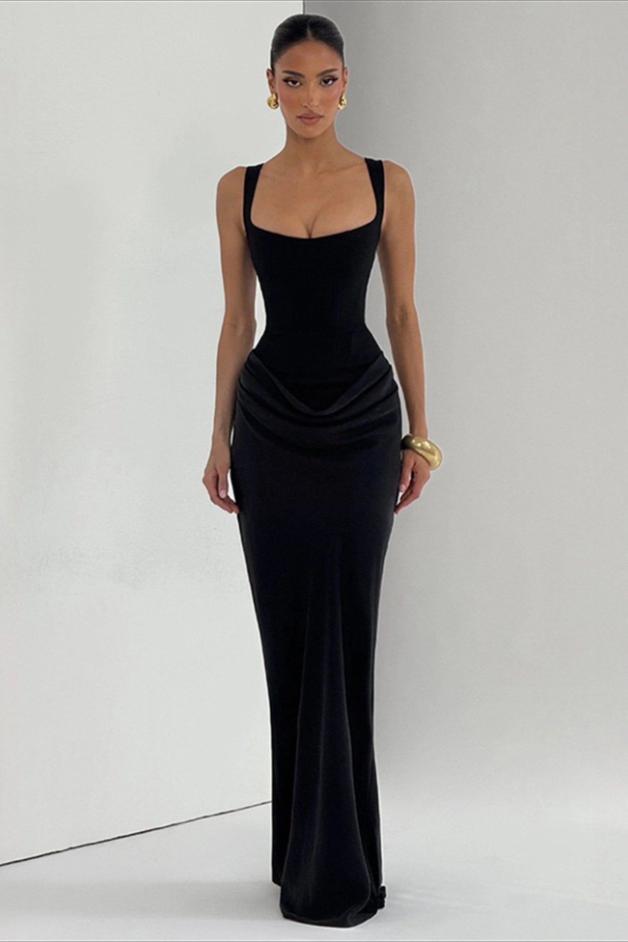 Solid Square Neck Ruched Panel Bodycon Party Dress