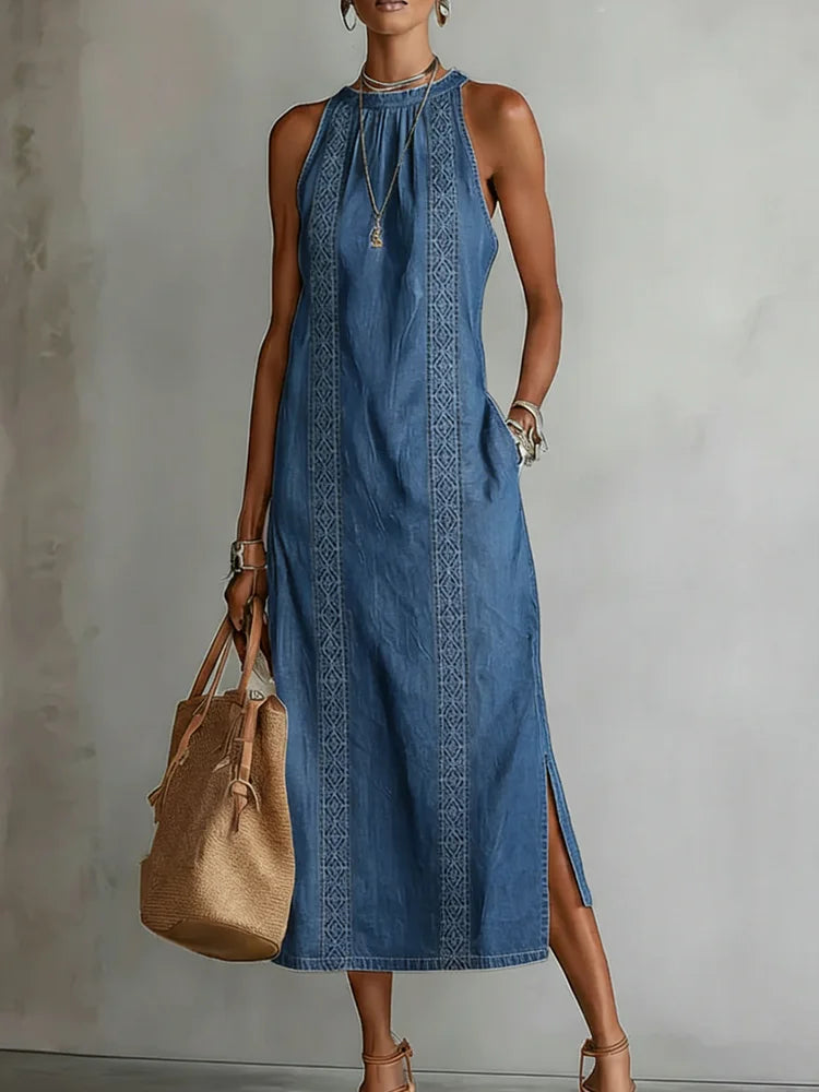 Halter Neck Sleeveless Denim Embroidered Trim Side Slit Shift Maxi Dress