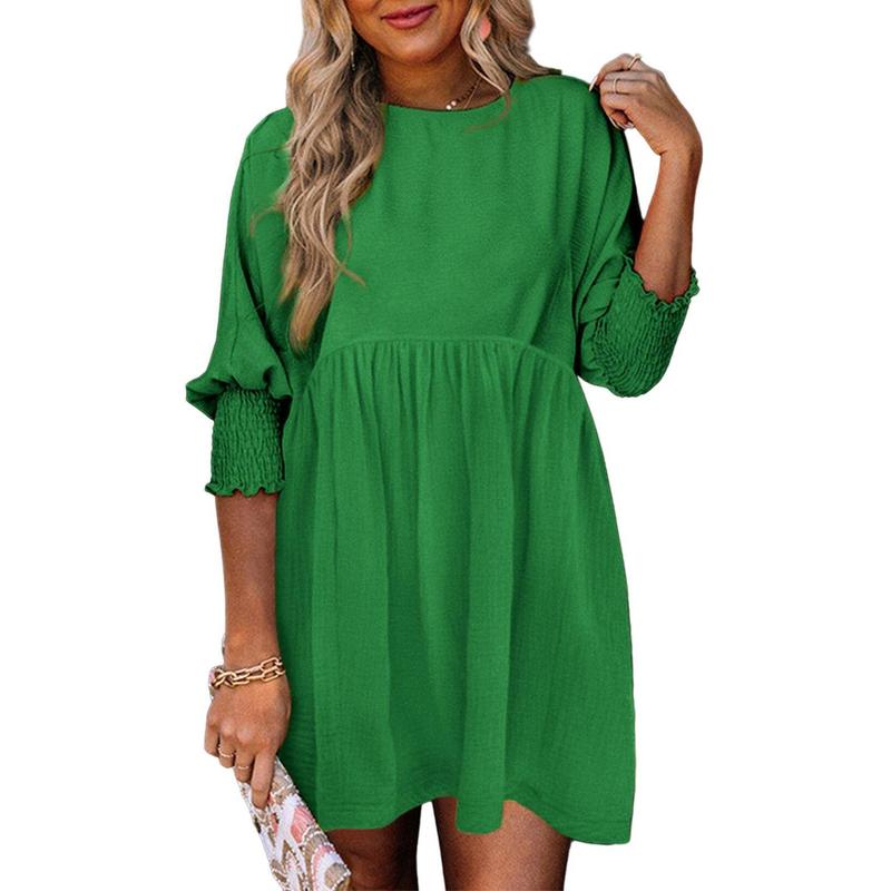Round Neck Textured Smocked Cuff Sleeve Babydoll Mini Dress