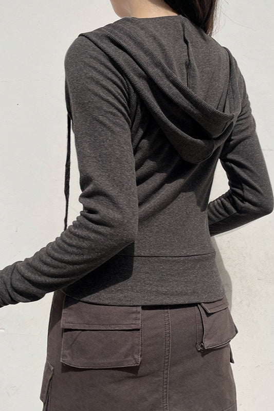 Gray Hooded ZipUp Cropped Hoodie