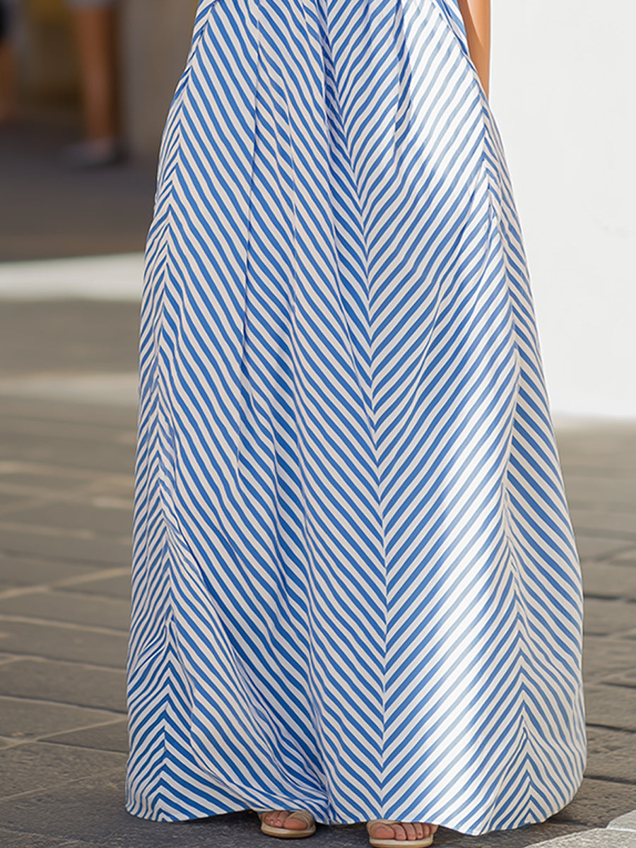 Cross Halter Neck Chevron Stripe Flowy A-Line Maxi Dress 4
