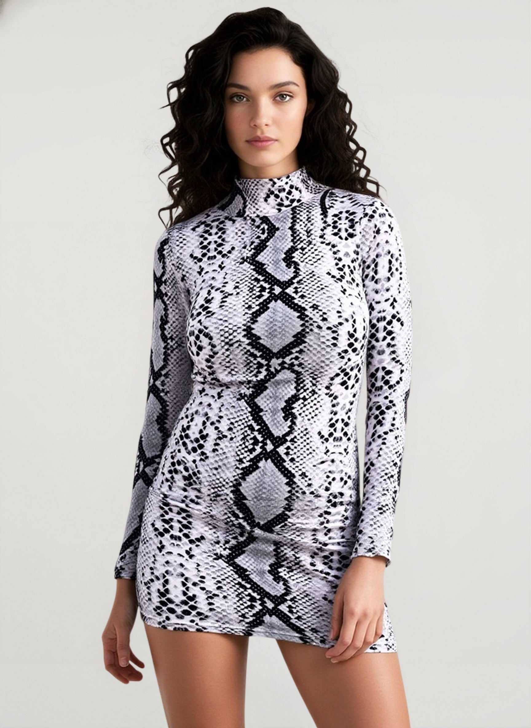 DressBetty - Serpentine Print Turtleneck Long Sleeve Party Dresses For Women Streetwear Fashion Snake Graphic Bodycon Dress Robe