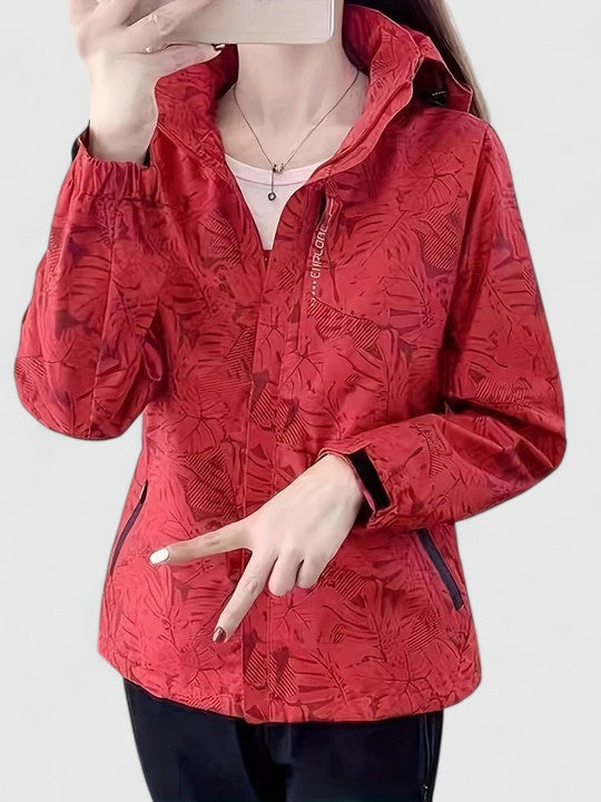 Hooded Tropical Leaf Print Zip Front Long Sleeve Windbreaker Jacket