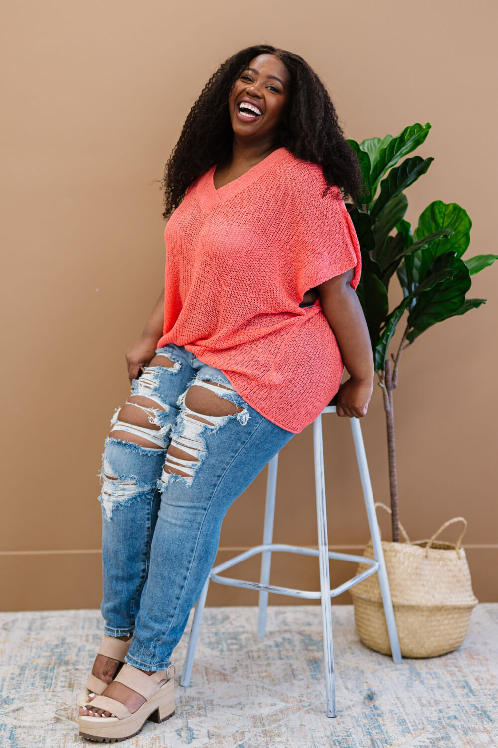 Deep Coral V-Neck Short Sleeve Openwork Loose Knit Sweater