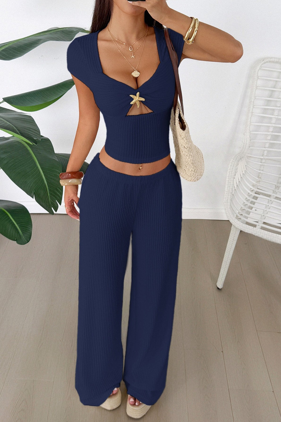 Y2K Crop Tank Top Wide Leg Two Piece Pants Set