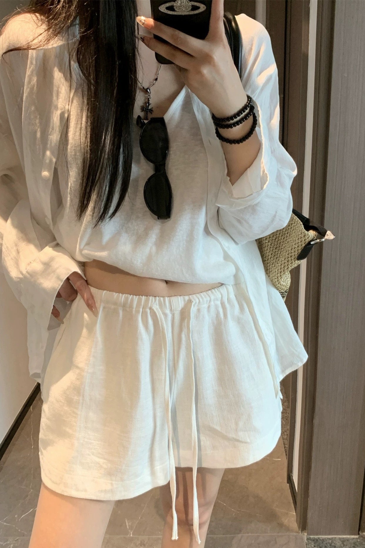 Washed White Linen Draped Loose Shorts Pants