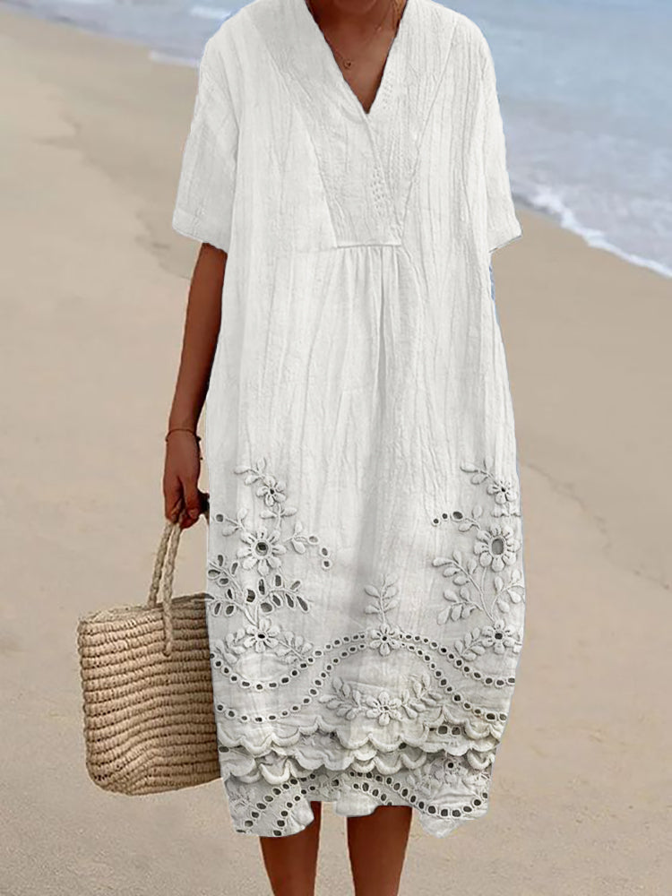 V-Neck Floral Eyelet Embroidery Short Sleeve Scalloped Cotton Midi Dress