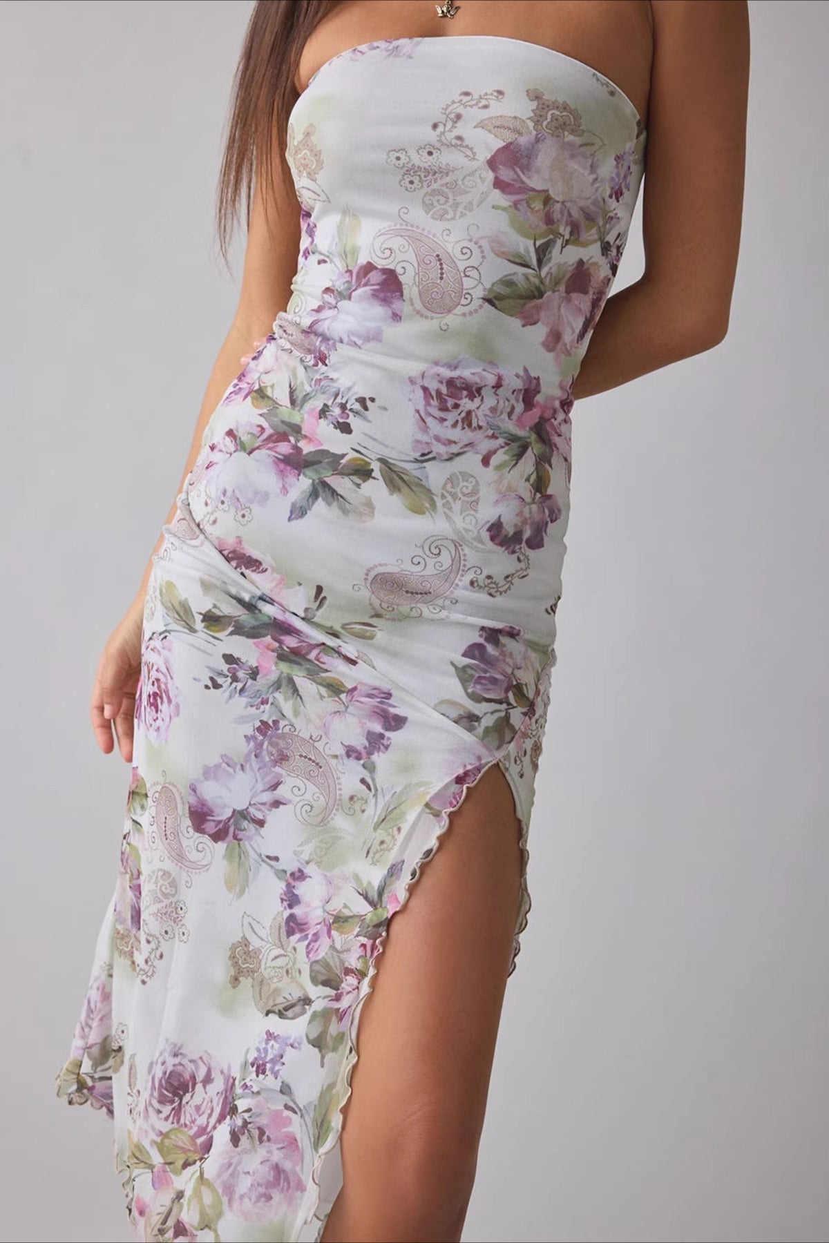 Gradient Mesh Tube Backless Slit Maxi Slim Bodycon Dress