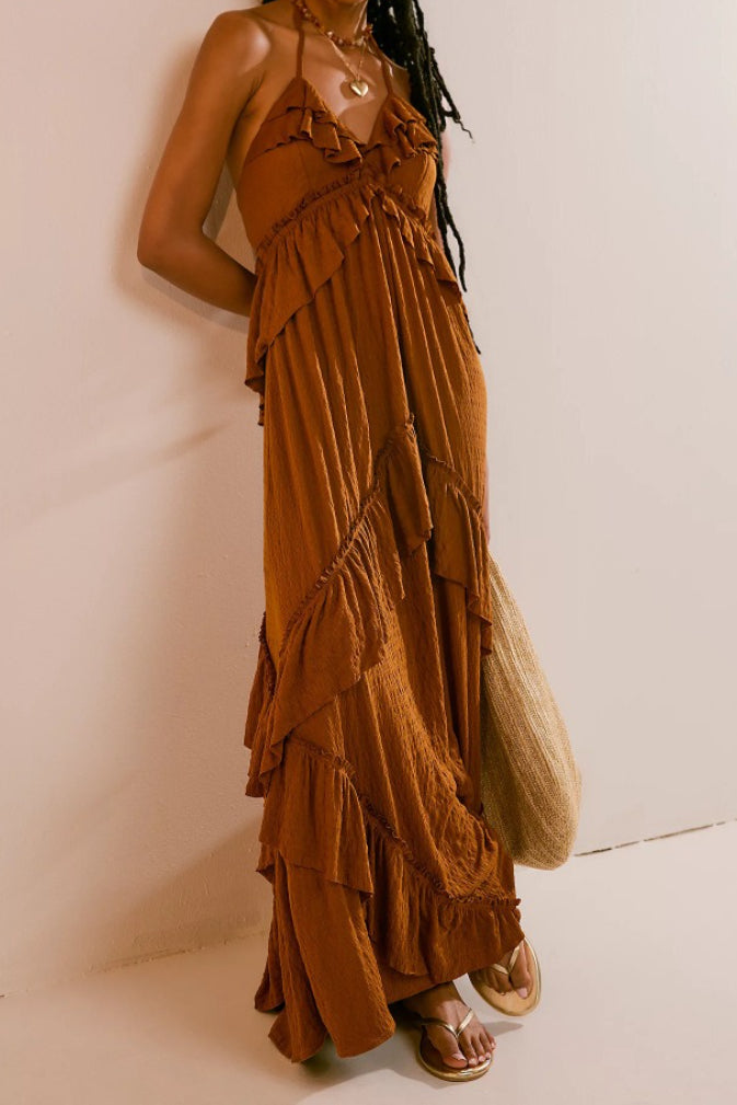 Halter Back Tie Tiered Ruffle Maxi Skirt Two Piece Set 14