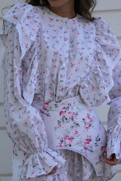 White Long Sleeve Ruffle Trim Detachable Belt Mini Floral Print Dress 2