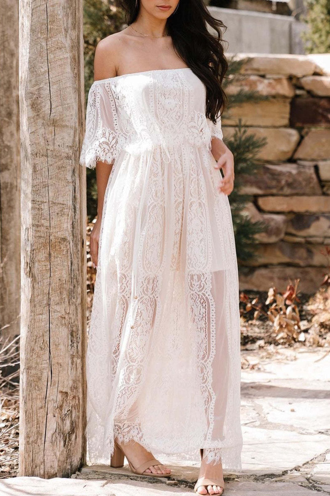 White Off Shoulder Ruffle Overlay Lace Panel Sheer Hem Maxi Dress 6