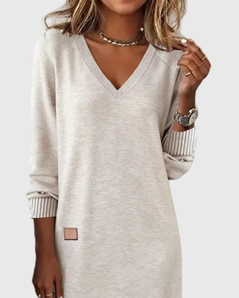 V-Neck Long Sleeve Ribbed Cuff Loose Sweatshirt Mini Dress 7