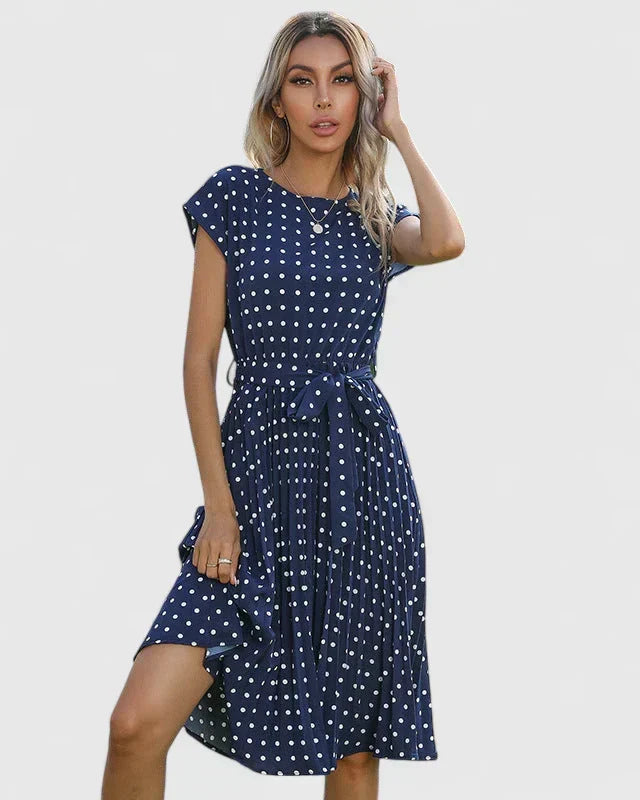Round Neck Cap Sleeve Polka Dot Tie Waist Pleated Midi Dress