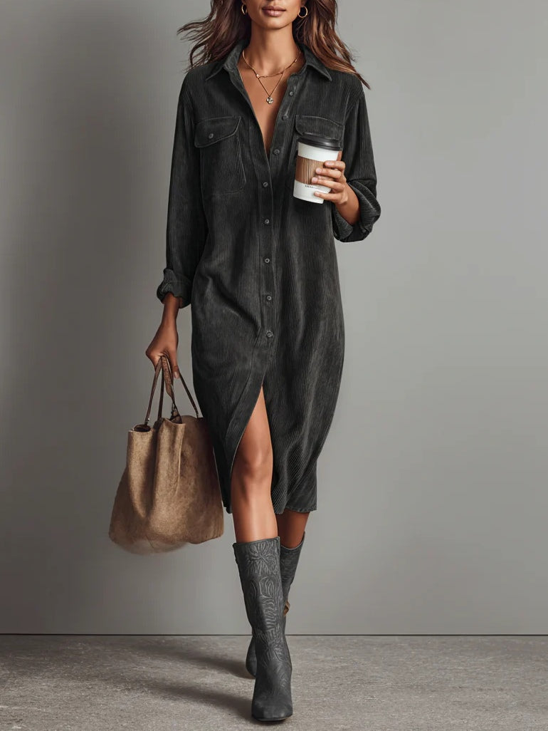 Collared Corduroy Long Sleeve Button Front Slit Shirt Midi Dress 5