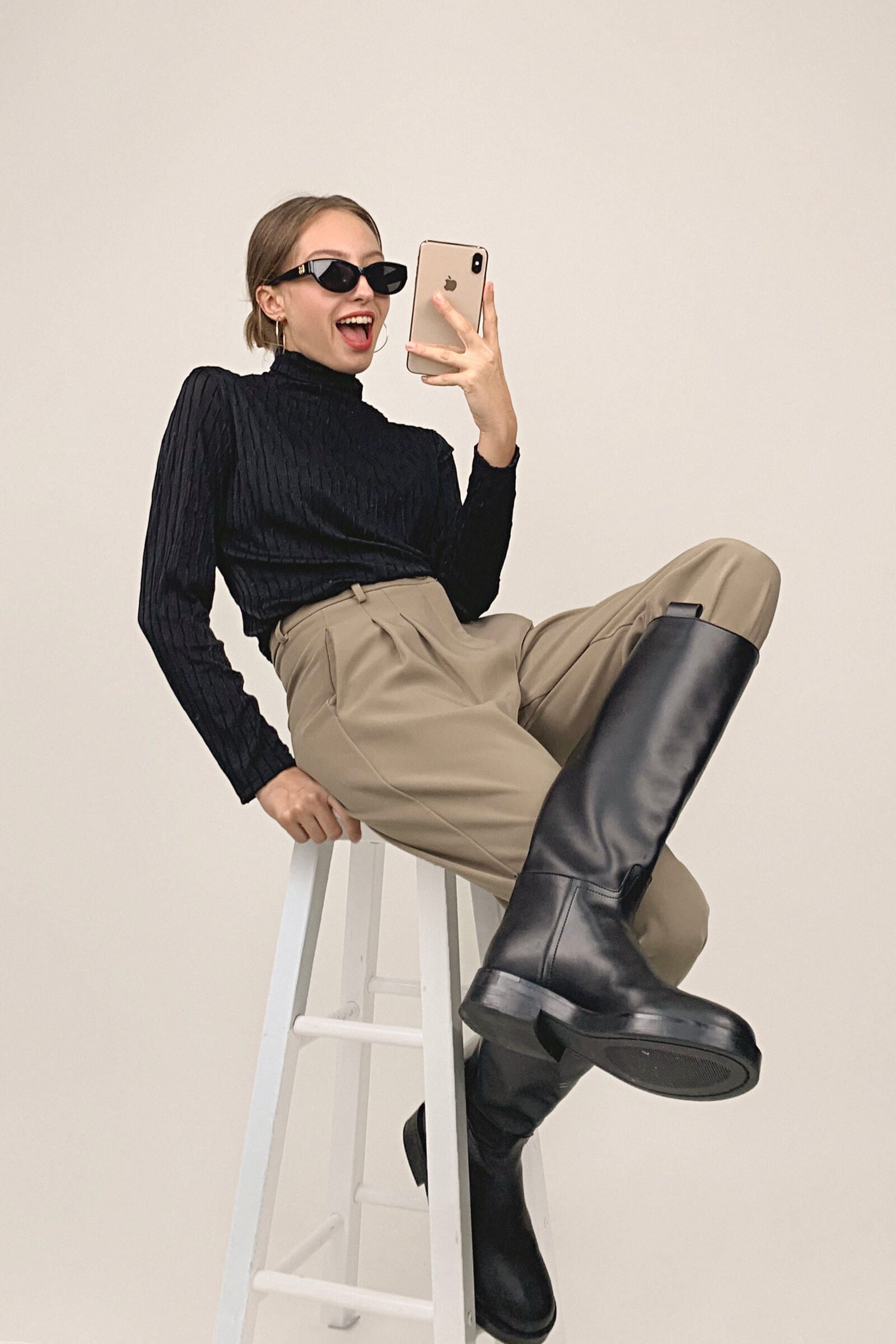 Black Textured Striped Turtleneck Top