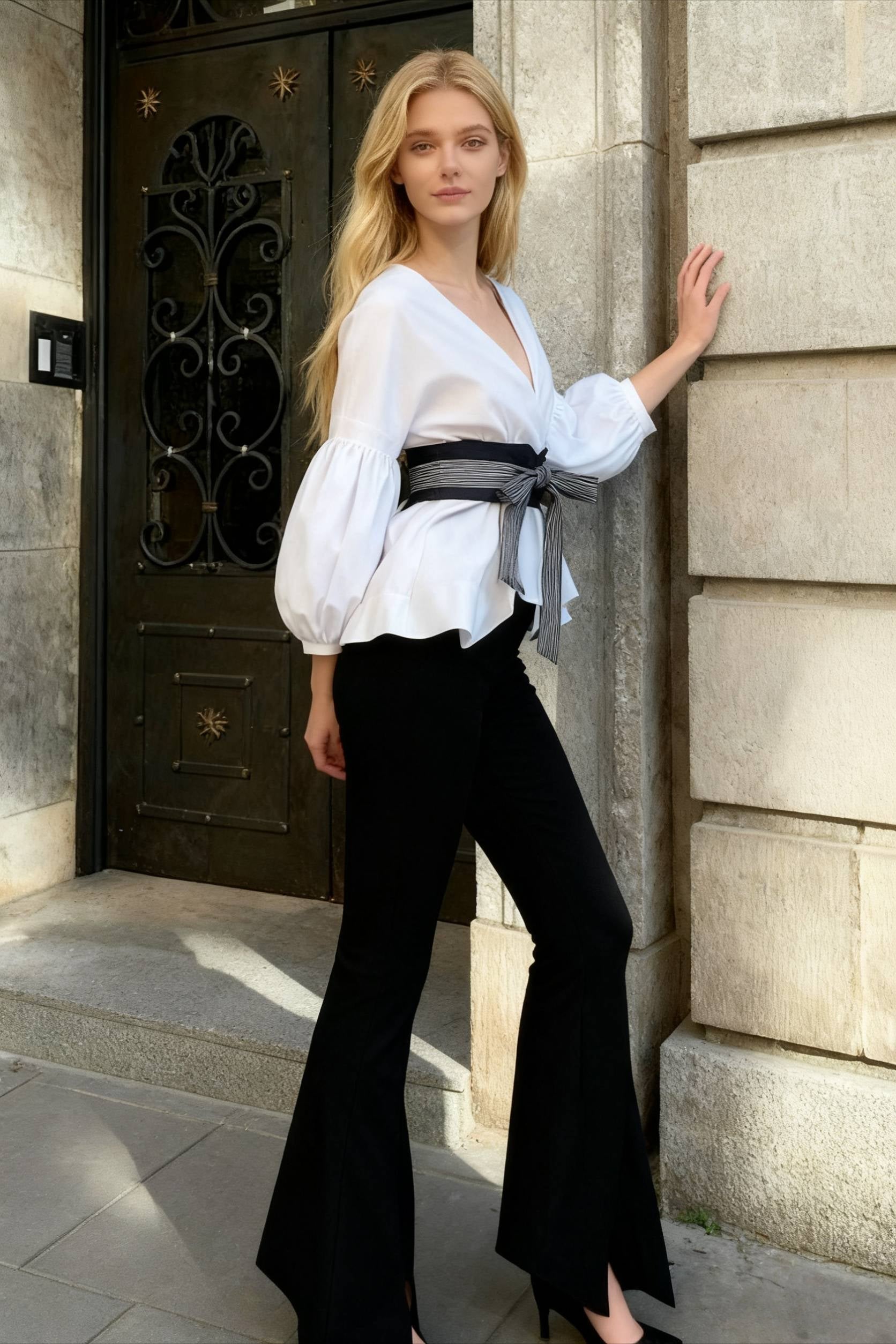 Spring Women's Bow Pants Lantern Flare Black + Striped Split WarmSeason Blouse Arm Arm Set
