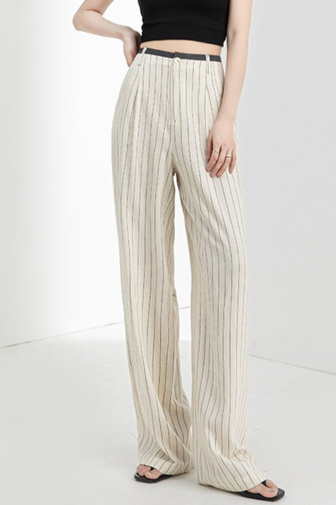 Linen High Waist Stripe Narrow Wide Leg Pants