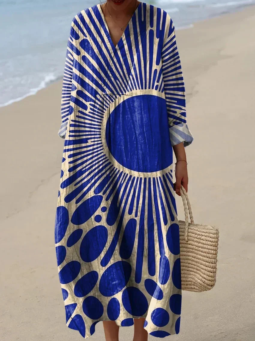 V-Neck Abstract Sunburst Print Long Sleeve Loose Maxi Dress
