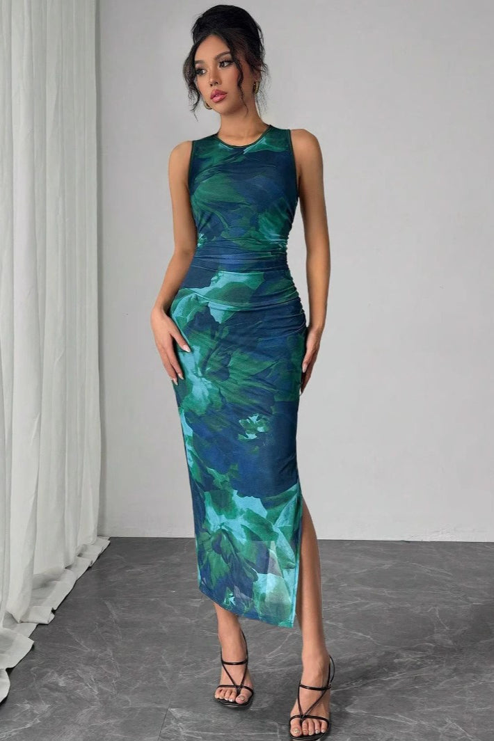 Sleeveless Mesh Printed Maxi Dress