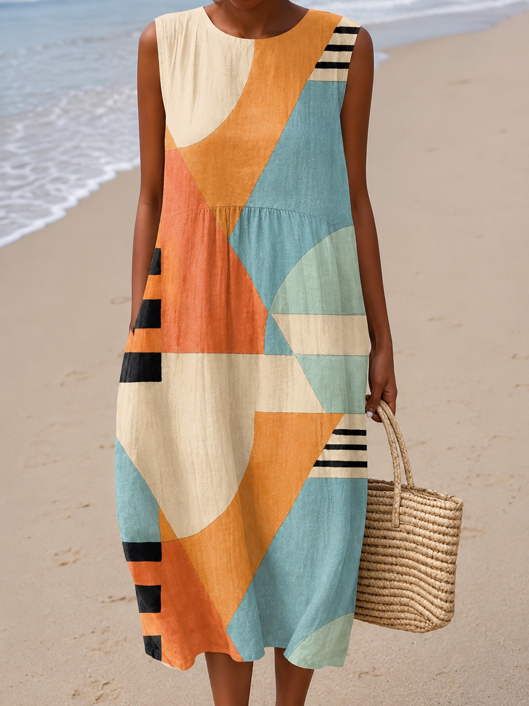 Multicolor Round Neck Geometric Abstract Print Sleeveless A-Line Midi Dress
