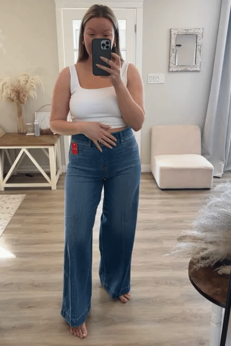 Vintage style sewn front wide leg jeans