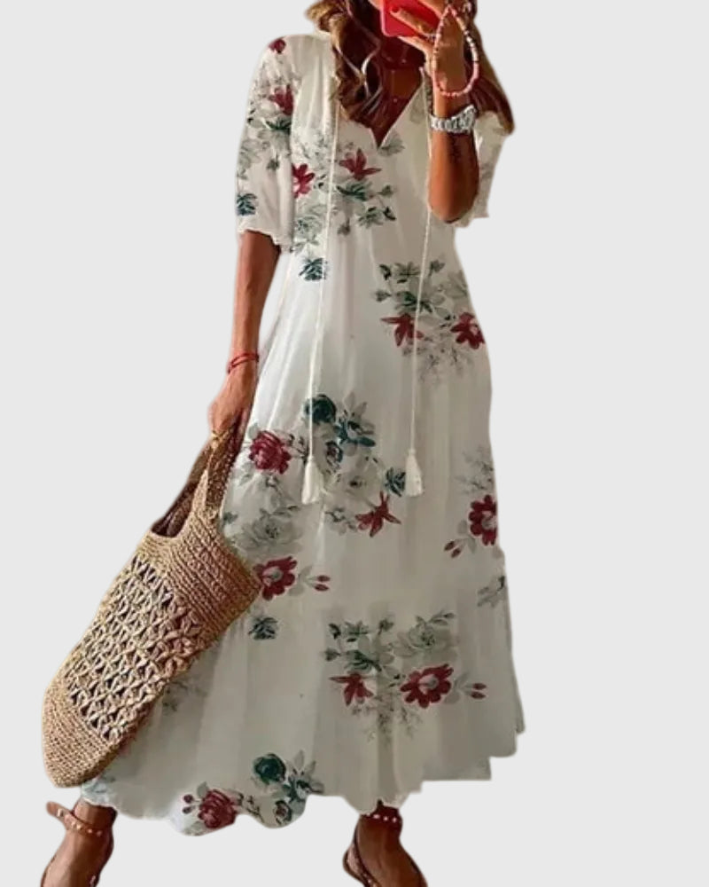 V-Neck Tassel Tie Short Sleeve Ikat Print Tiered Boho Maxi Dress