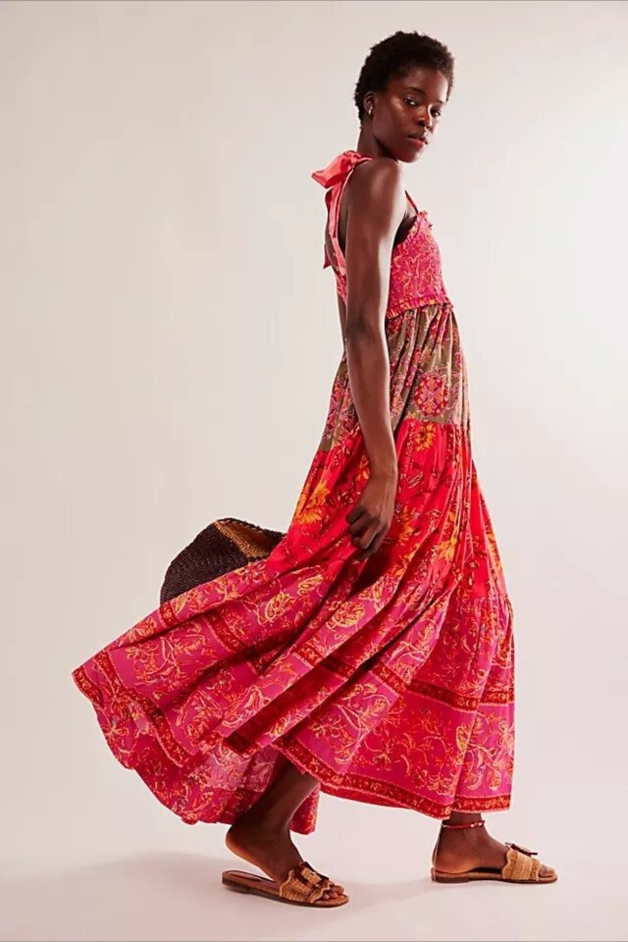 Smocked V Neck Bow Shoulder Strap Mixed Floral Tiered Maxi Dress 10