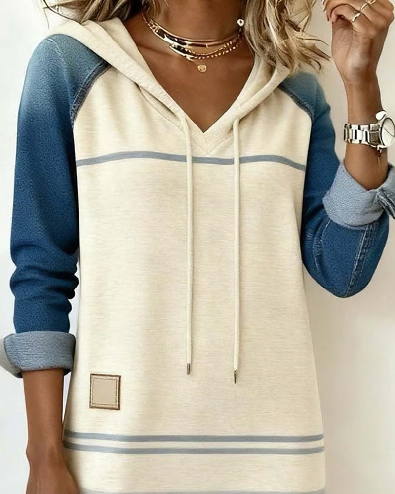 Hooded Drawstring Colorblock Stripe Long Sleeve Sweatshirt Midi Dress 6