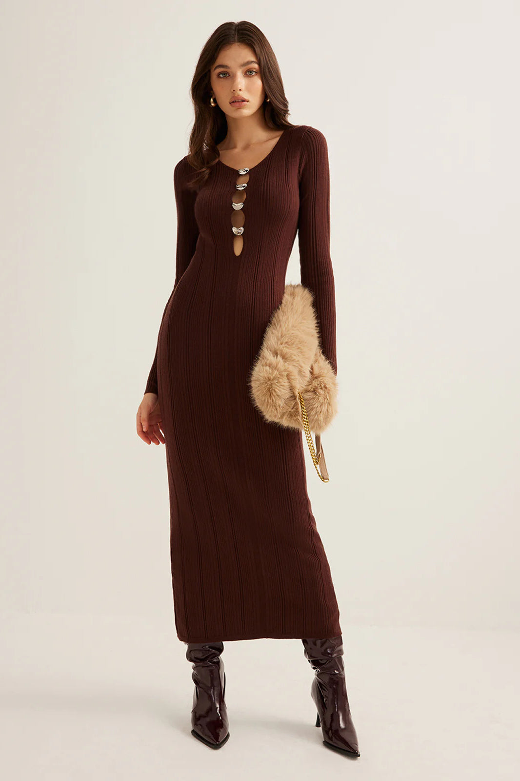 Brown Ribbed Knit Bodycon Dress