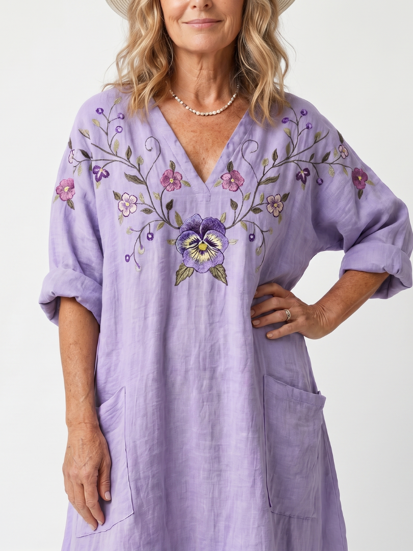 Purple V-Neck Floral Embroidery Long Sleeve Linen Pocket Midi Dress 3