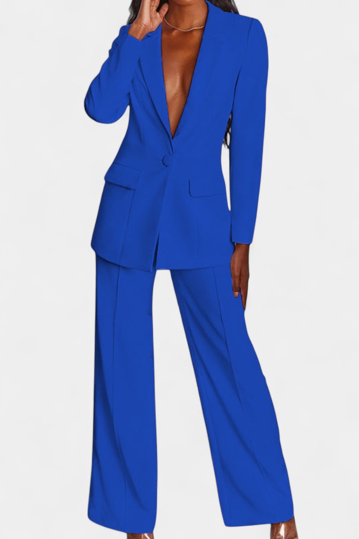 Peak Lapel Single Button Blazer and Wide-Leg Trouser Set 14