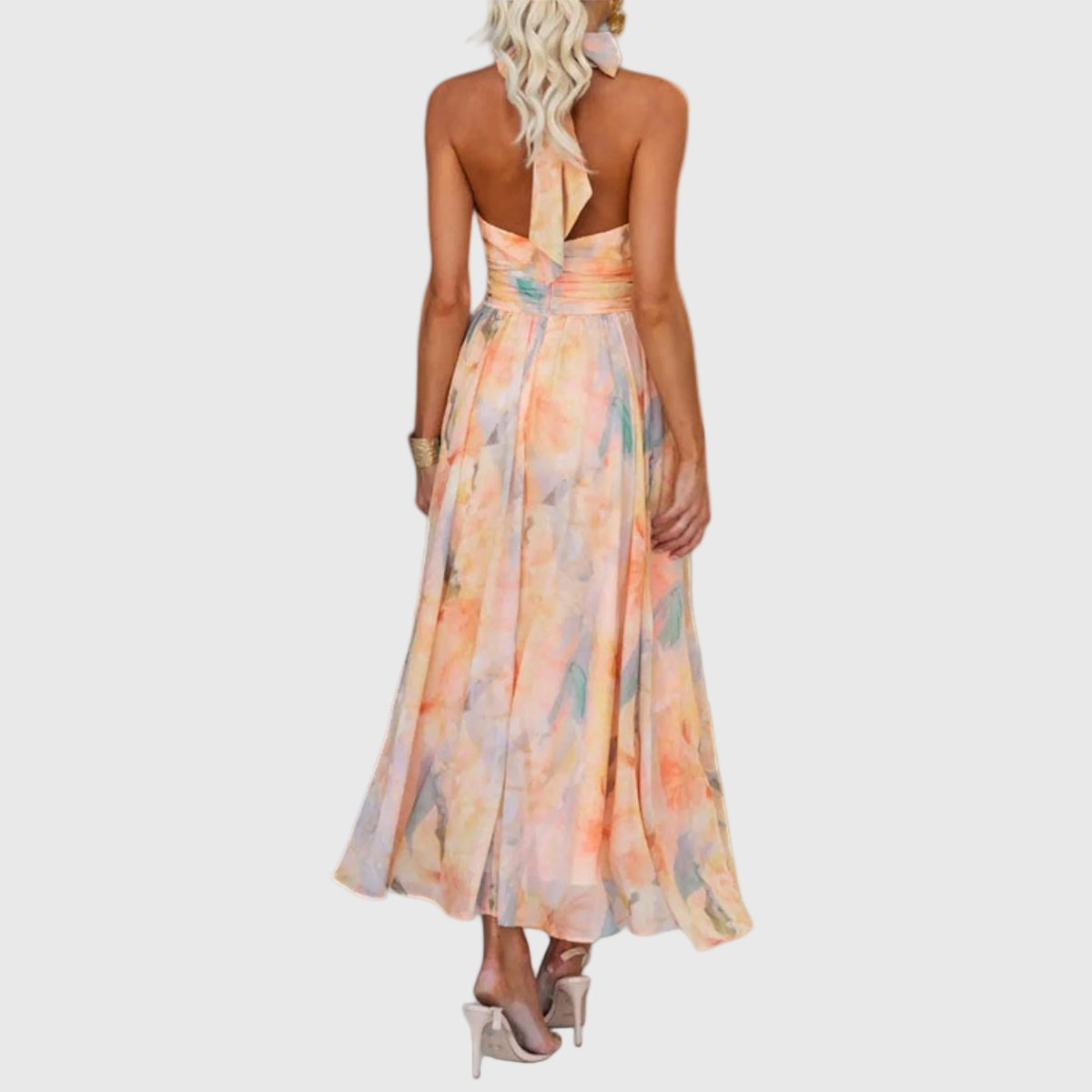 Reddish Orange Halter Neck Watercolor Print Ruched Waist Flowy Maxi Dress 2