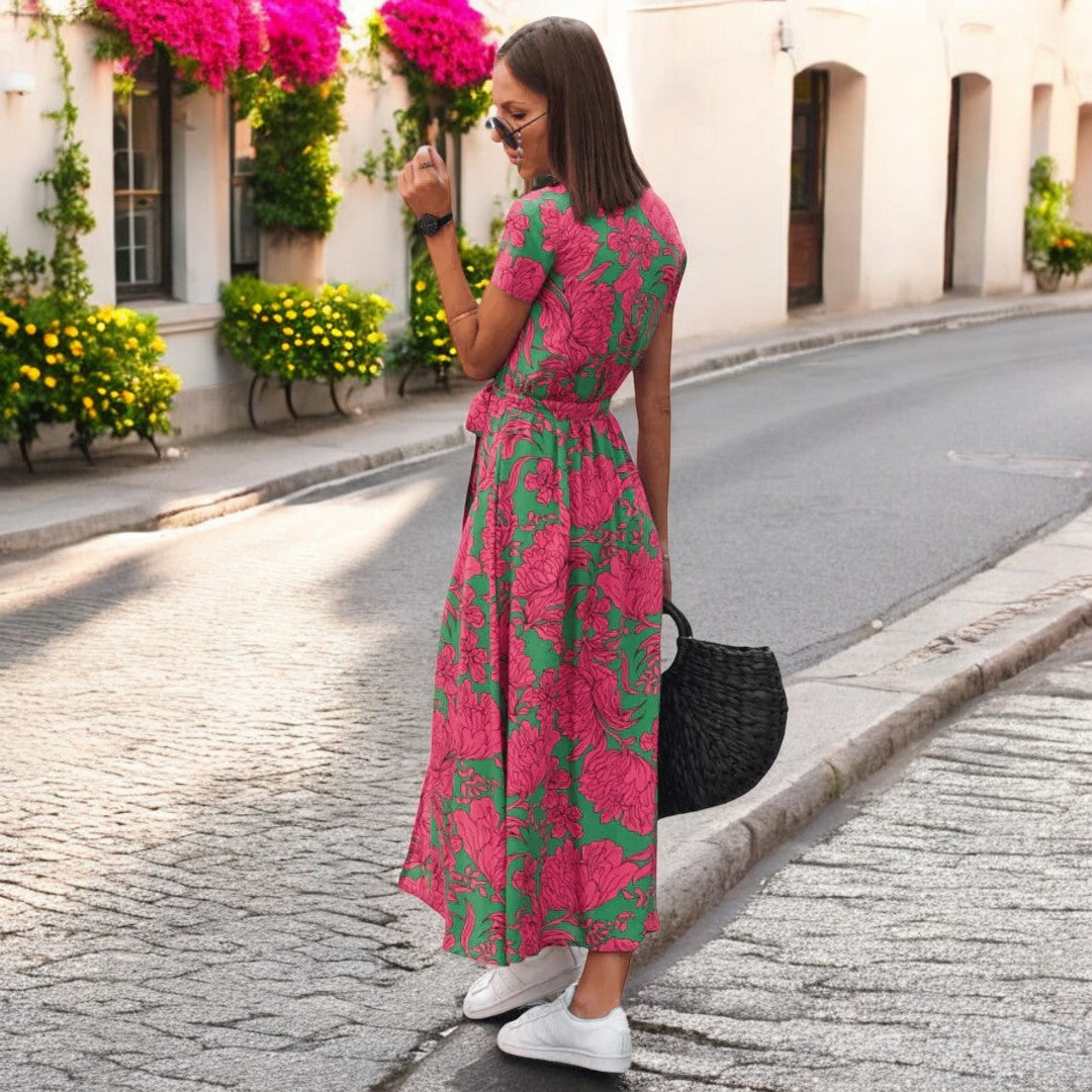 V-Neck Floral Print Tie Waist Wrap Side Slit Maxi Dress 6