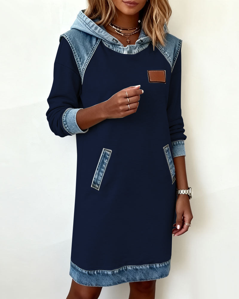 Hooded Long Sleeve Denim Contrast Panel Pocket Sweatshirt Mini Dress