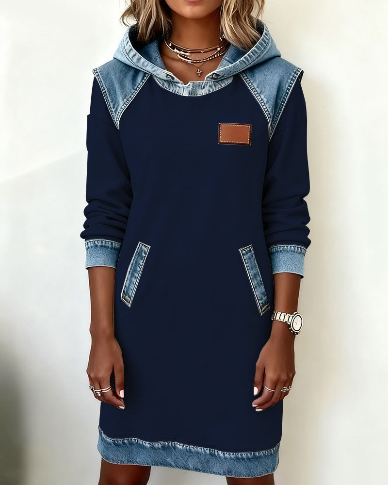 Hooded Long Sleeve Denim Contrast Panel Pocket Sweatshirt Mini Dress