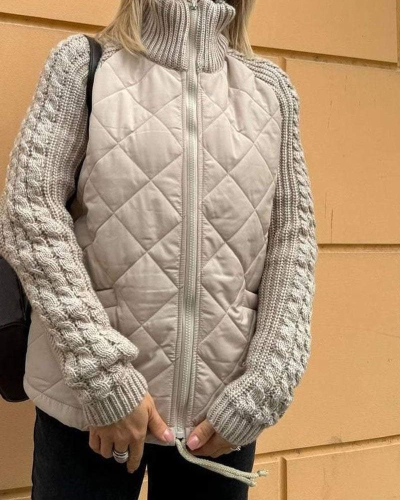 Stand Collar Zip Front Quilted Cable Knit Sleeve Jacket