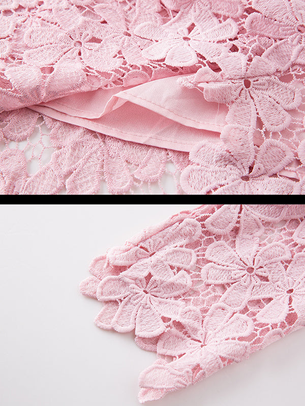 Pink Round Neck Floral Crochet Lace Scalloped Hem Shift Mini Dress 7
