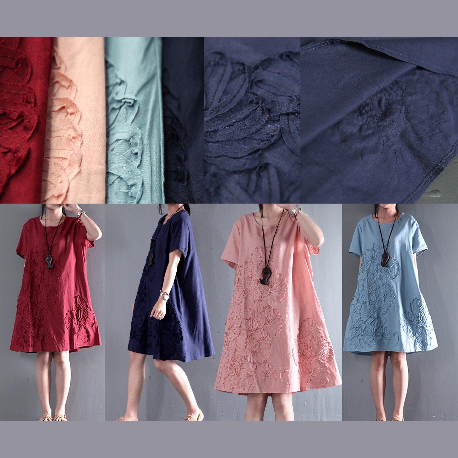 Appliques navy sundress linen summer dresses plus size blouse