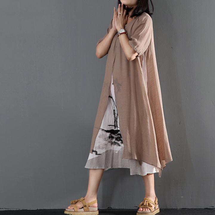 Khaki cotton layered sundress loose causal summer maxi dresses print dress inside